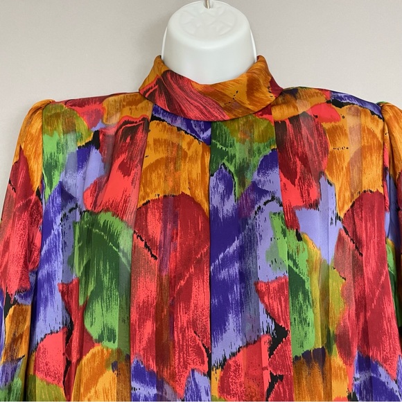 Vintage Floral Blouse Sheer Stripe Vibrant Colors Rolled Collar Eclectic Pleats - Picture 3 of 16